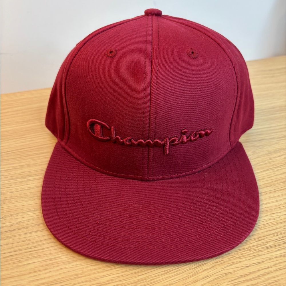 Champion Snapback Hat Burgundy Maroon Script Logo Flat Brim Adjustable Cap‎ Mens